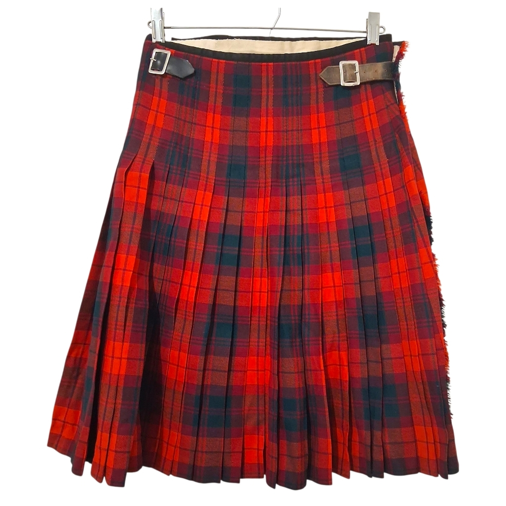 Vintage Hugh MacPherson Scottish Wool Kilt Skirt Red Green Tartan Plaid Buckles